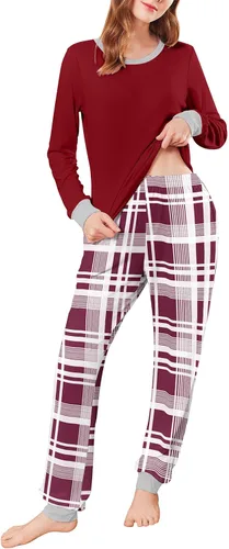 Miniatura 115 de Ekouaer Conjunto de pijama de manga larga para mujer, ropa de dormir suave con cuello redondo y bolsillos