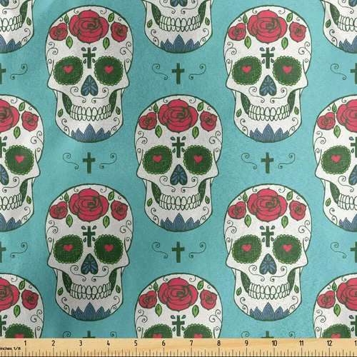 Miniatura 145 de Ambesonne The Yard, tela de calavera colorida con temática de Halloween, diseño de calavera y huesos cruzados, divertido estampado de dibujos