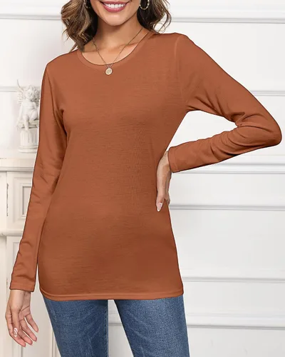 Miniatura 4 de 2 camisetas de manga larga para mujer, cuello redondo, ajustadas, básicas, blusas