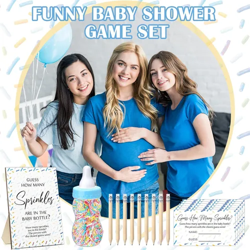 Miniatura 7 de Qilery 122 piezas de juegos de baby shower Adivina cuántos gránulos incluidos, letrero de pie, 100 tarjetas de adivinanza, 20 lápices, 1 biberón