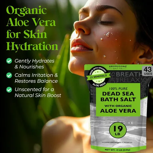 Miniatura 3 de Aromasong Sal del Mar Muerto con aloe vera orgánico, sales de baño de spa, paquete resellable fino a granel de 19 libras, 100% pura y natural