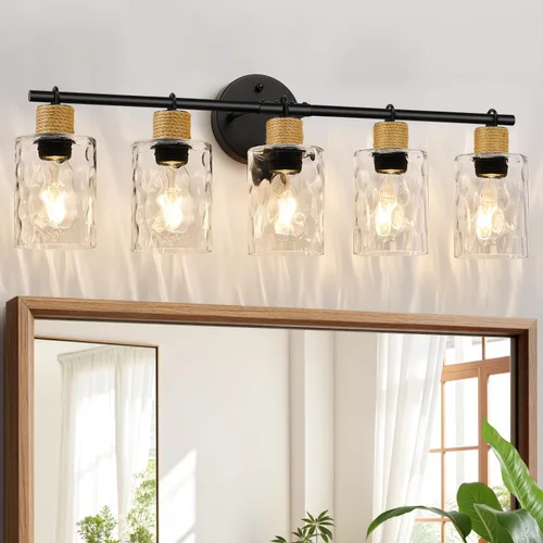 Miniatura 16 de MOKATNG Juego de 2 apliques de pared para baño, luces de tocador modernas costeras con pantalla de cristal, lámpara de pared negra para espejo