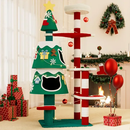 YARUOMY Árbol de Navidad para Gatos, Torre para Gatos de Interior con 2 Condominios para Gatos, Poste Rascador Engrosado para Gatos, Lindos Muebles