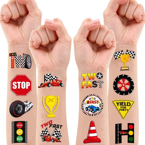 Miniatura 7 de 96 piezas de dos tatuajes temporales rápidos para niños, recuerdos de fiesta de segundo cumpleaños, suministros de decoración de carreras a cuadros