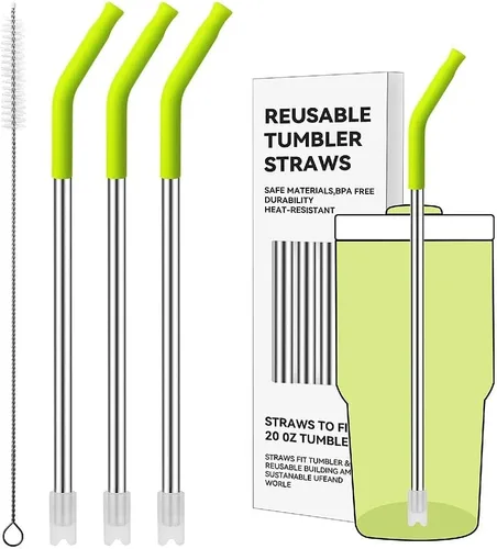 Miniatura 16 de Pajitas de metal rectas para vaso Stanley de 40 onzas, paquete de 3 popotes reutilizables de acero inoxidable con puntas de silicona y cepillo Gris