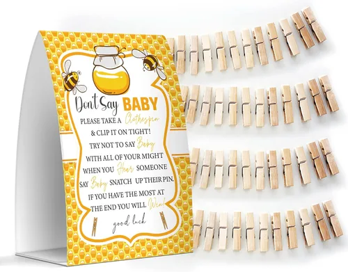 Miniatura 13 de Juego de texto en inglés "Don't Say Baby", un letrero de 5 x 7 pulgadas y 50 mini pinzas para la ropa, juegos de baby shower, decoración de baby