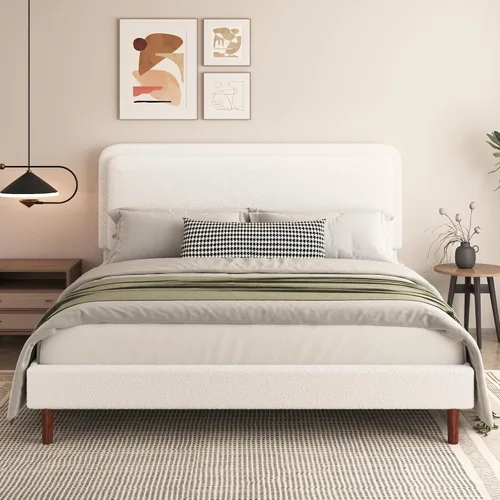 Miniatura 11 de Marco de cama tapizado Boucle de tamaño matrimonial con cabecera ajustable, plataforma de nube, patas de madera maciza, no necesita somier, fácil