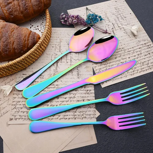 Miniatura 6 de JASHII Juego de cubiertos de 25 piezas con tenedor y cuchara con utensilios para servir para 4, cubiertos de acero inoxidable de grado alimenticio
