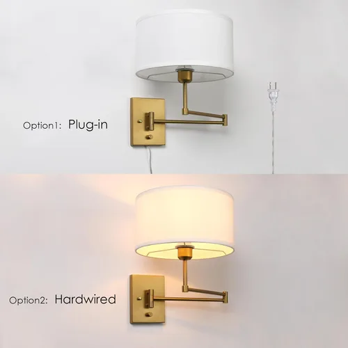 Miniatura 6 de Aplique de pared con cable enchufable de tela vintage, lámpara de pared con brazo oscilante para interiores con interruptor de encendido/apagado