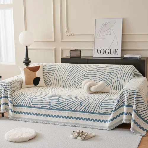 ROOMLIFE Funda de sofá gruesa a rayas con borlas, manta funda de sofá de felpilla azul para sofá seccional, fundas de sofá suaves para loveseat en
