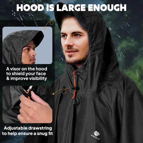 Miniatura 4 de ANYOO Poncho de lluvia con capucha para adultos, impermeable, ligero, para hombres y mujeres, chaqueta de lluvia reutilizable para emergencias al