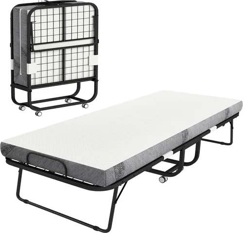 HOMCOM Cama plegable con colchón para adultos, tamaño individual largo, cama plegable portátil con colchón de espuma de 4 pulgadas y marco de acero