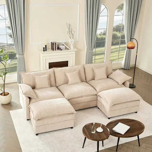 Miniatura 9 de GOSUHI - Sofá en forma de U de 108", sofá seccional modular, sofá de nube de 3 plazas con otomana móvil, sofás de asiento profundo para sala de Beige