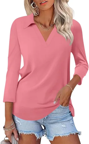 Miniatura 31 de TICTICMISS - Camisas polo de cuello en V para mujer, manga 3/4, con cuello, tops casuales de negocios, tops de verano a la moda, holgados