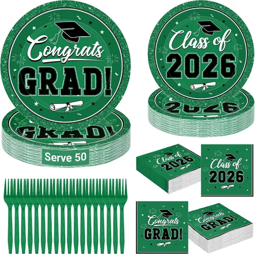 Miniatura 19 de QZYL 200 suministros para fiesta de graduación 2026, platos y servilletas de graduación negros y dorados, platos de postre desechables y tenedores