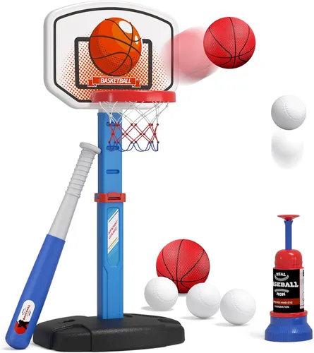 HYES Juego de aro de baloncesto 2 en 1 y pelota en T para niños, altura ajustable, tee de béisbol para niños con máquina de lanzamiento automática,