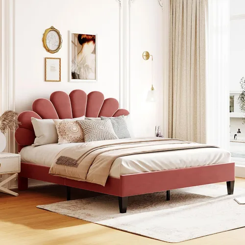 Miniatura 10 de Harper & Bright Designs Base de cama tapizada de tamaño Queen con cabecera de terciopelo con patrón de flores para niños, niñas, niños y adultos