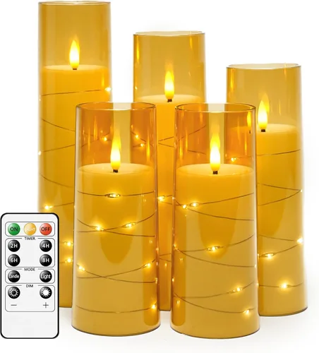kakoya Velas LED sin llama con temporizador de 5 piezas, velas parpadeantes sin llama para ambiente romántico y decoración del hogar, carcasa dorado