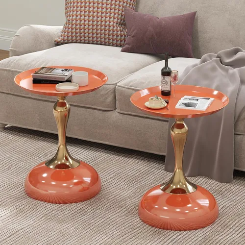 Paquete de 2 mesas auxiliares de reloj de arena elegante color naranja Hermes, acabado brillante y acento metálico, mesa auxiliar contemporánea para