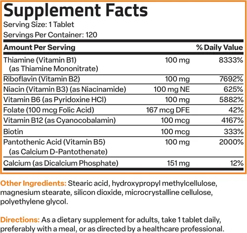 Miniatura 8 de Bronson Super B100 Complejo de Vitamina B de liberación sostenida contiene todas las vitaminas B (vitamina B1, B2, B3, B6, B9 - ácido fólico, B12)
