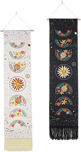 Miniatura 8 de Ochine Paquete de 2 tapices de fase lunar para colgar en la pared, tapices bohemios, fases blancas y negras, decoración del hogar para sala de estar