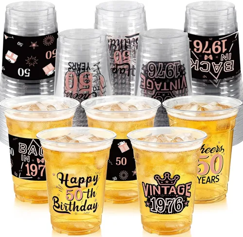 Miniatura 11 de 50 Piezas Vasos de Plástico para Fiesta de Cumpleaños 40 a Granel, 16 Oz Vasos de Beber Desechables de Plástico Transparente Negro Dorado