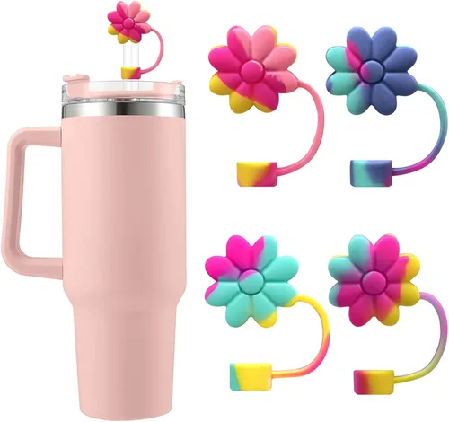 Cubiertas de pajita con flores de silicona para tazas Stanley de 30 y 40 oz con asa, tapas de pajita reutilizables y coloridas, puntas para pajitas