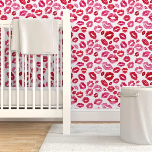 Miniatura 6 de Spoonflower Papel tapiz para despegar y pegar - Love Lips Red Valentine Beauty Lipstick Besos Acuarela Día de San Valentín Femenino Maquillaje Papel