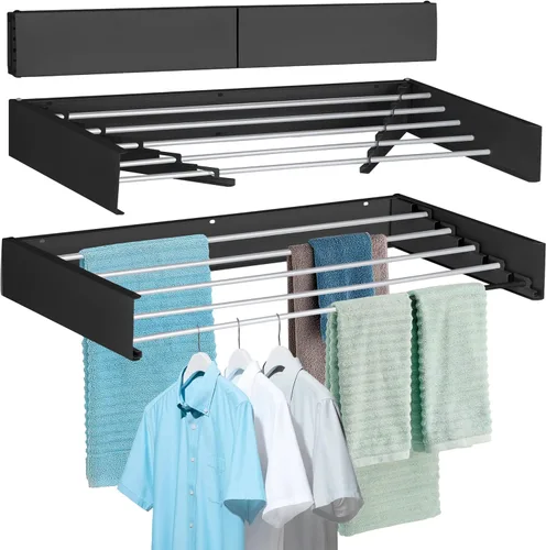 FOCHIER F Tendedero de Ropa de Pared Tendedero de Secado Plegable con 5 Varillas de Aluminio y Plantilla de Perforación Broca de Destornillador