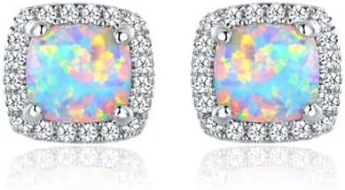 Miniatura 2 de Savlano Aretes tipo dormilona chapados en oro blanco de 14 quilates, circonita cúbica cuadrada de 0.394 pulgadas, con ópalo de fuego blanco, vienen
