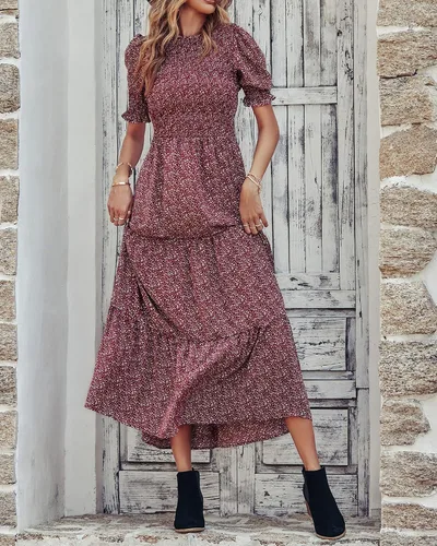 Miniatura 168 de BTFBM Vestidos para mujer, cuello redondo, casual, de verano, con volantes, manga corta, bohemio, con niveles, fruncido, largo, con estampado floral