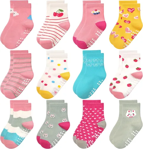 Miniatura 14 de Calcetines antideslizantes para niños pequeños con agarre, 12 pares de calcetines antideslizantes de dibujos animados para niños y niñas