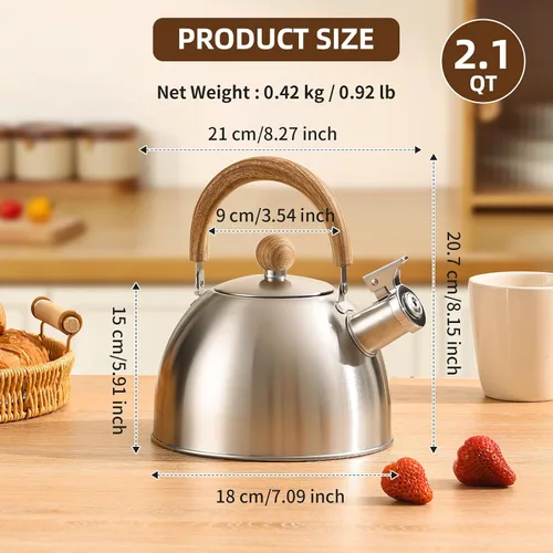 Miniatura 2 de Hervidor de té de acero inoxidable 18/8 para estufa (2L / 2.1 cuartos, tetera silbante, mango de madera) - Plateado
