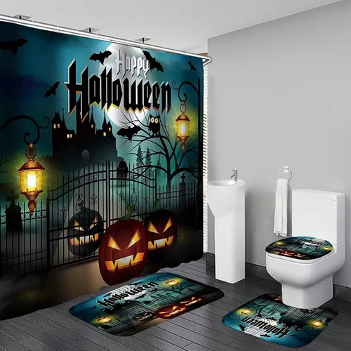Miniatura 11 de NBVKO Cortina de ducha impermeable de calabaza de Halloween, con alfombras antideslizantes, cubierta para la tapa del inodoro y tapete de baño, set