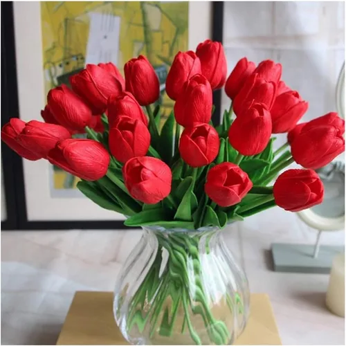Miniatura 8 de Tulipanes falsos de PU de tacto real, flores artificiales, 10 piezas, arreglo floral, ramo para decoración de hogar, oficina, boda (blanco)