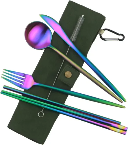 Miniatura 9 de Utensilios de viaje reutilizables, 7 piezas portátiles de acero inoxidable 304, incluyendo cuchillo, tenedor, cuchara, palillos, cepillo