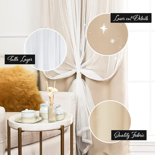 Miniatura 3 de Best Home Fashion Par de cortinas opacas con revestimiento de tul y corte láser, paneles de ventana con ojales plateados para dormitorio, habitación