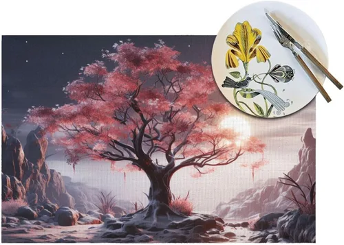 Miniatura 5 de 6 PCS PVC Placemats Set Place Mats Big Tree Growing on Pile of Stones Non-Slip Weave Place Mats 12" x 18" Farmhouse Table Mat Set for Family Dinners