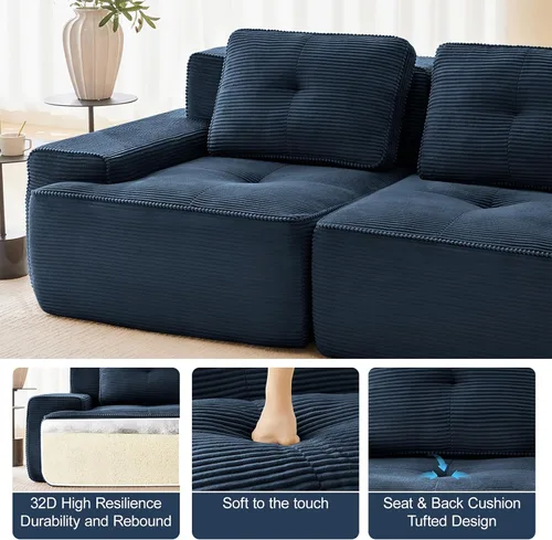 Miniatura 6 de Sofá seccional modular comprimido sin estructura de 117", sofás seccionales de 3 plazas para sala de estar, sofá seccional modular de pana azul
