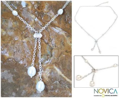 Miniatura 2 de NOVICA Collar de lariat de perlas de agua dulce cultivadas a mano, plata de ley 925, circonita cúbica blanca Tailandia piedra natal nupcial