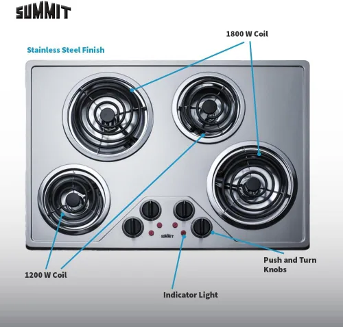 Miniatura 6 de Summit - Placa eléctrica de 4 quemadores de 30 pulgadas, placa eléctrica de bobina de 230 voltios, compatible con ADA, acero inoxidable CR430SS