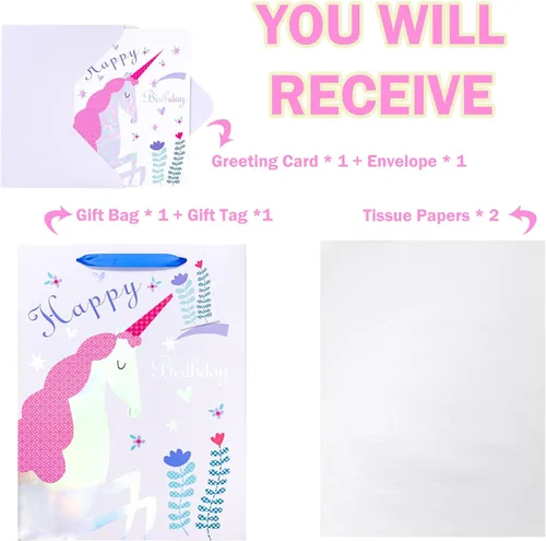 Miniatura 3 de WRAPAHOLIC Bolsa de regalo de cumpleaños grande de 13 pulgadas con tarjeta y papel de seda, adorable unicornio con lámina plateada holográfica