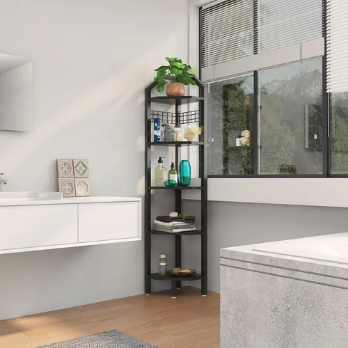 Miniatura 7 de YMYNY UHBR006B - Estante esquinero de pared de 5 niveles, estante de escalera de esquina, marco de metal, estante de exhibición con rejilla de Negro