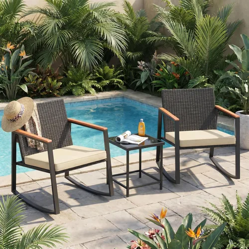 Miniatura 4 de Gizoon Juego de 3 piezas de bistró de patio mecedora con reposabrazos antiquemaduras, juego de muebles de mimbre para patio al aire libre con mesa