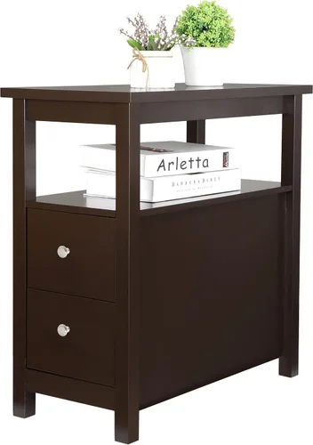 Miniatura 10 de Mesa auxiliar de 3 niveles con 2 cajones y estante de almacenamiento abierto, mesa de madera estrecha, mesita de noche, sofá para el hogar, oficina
