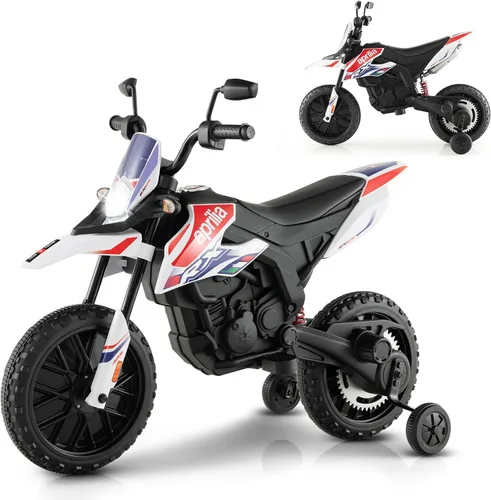 INFANS Motocicleta para niños de 12 V, con licencia Aprilia RX125, motocicleta de montar para niños pequeños con ruedas de entrenamiento, suspensión