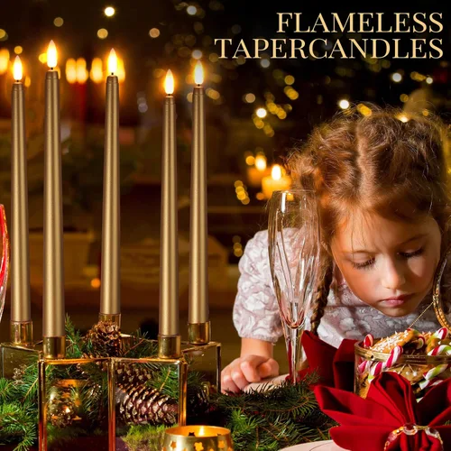 Miniatura 2 de Macarrie 24 Paquetes de Velas Cónicas Sin Llama Operadas con Batería Falsas de 11 Pulgadas de Largo Luz de Vela LED Sin Llama Candelabros Dorado