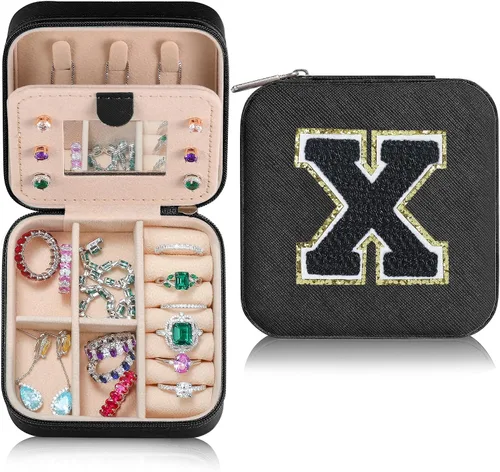 Parima Joyero de viaje para mujeres y niñas, joyero con inicial X Joyero pequeño Joyero de viaje para mujeres Estuche de joyería de viaje