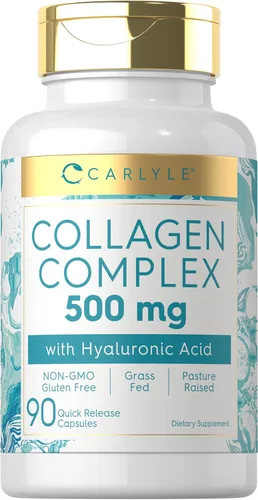 Carlyle Pastillas de colágeno con ácido hialurónico | 500 mg | 90 cápsulas | Colágeno hidrolizado tipo 1 y 3 | Suplemento sin OMG, sin gluten