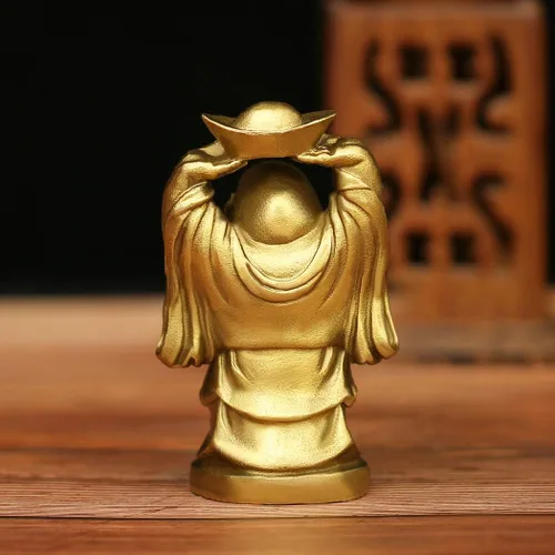 Miniatura 5 de BRASSTAR Adorno de latón Feng Shui Estatua de Buda riendo sosteniendo lingote bolsa de dinero para oficina en casa Figura decorativa Atrae riqueza